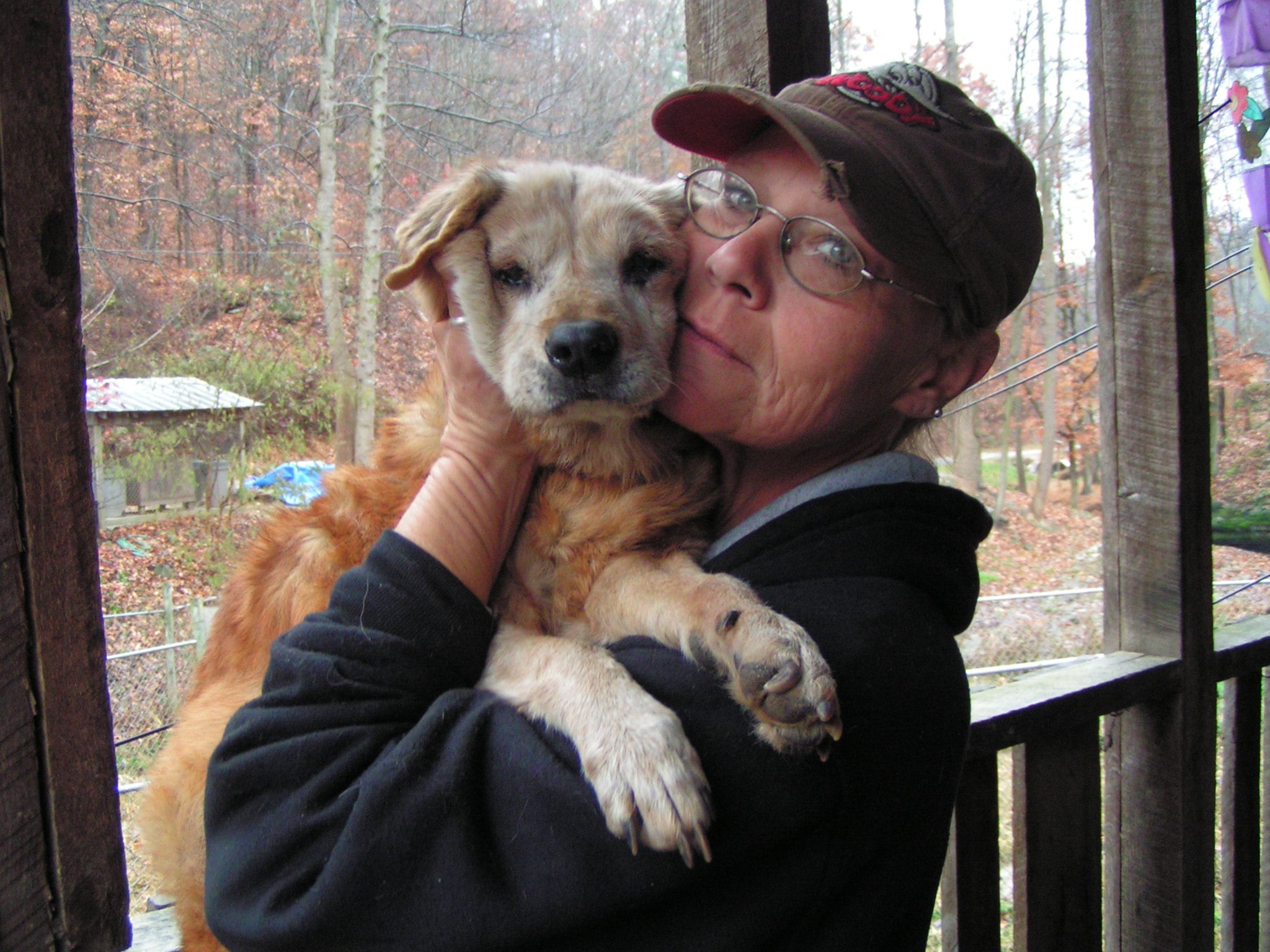 A person holding a puppy on a porch